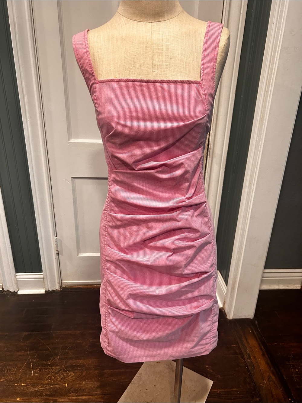 Classic Pink Square-Neck Ruched Dress